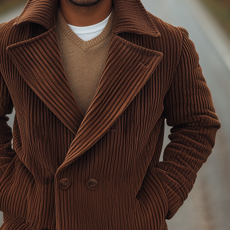 Men's Retro Solid Color Striped Lapel Mid-Length Coat MTA0166I4X