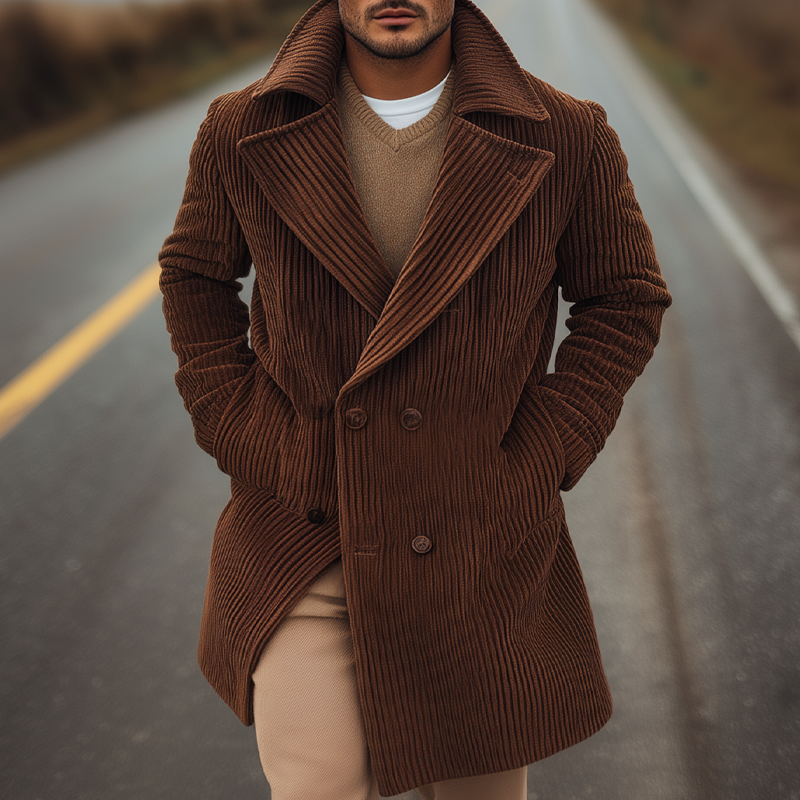 Men's Retro Solid Color Striped Lapel Mid-Length Coat MTA0166I4X