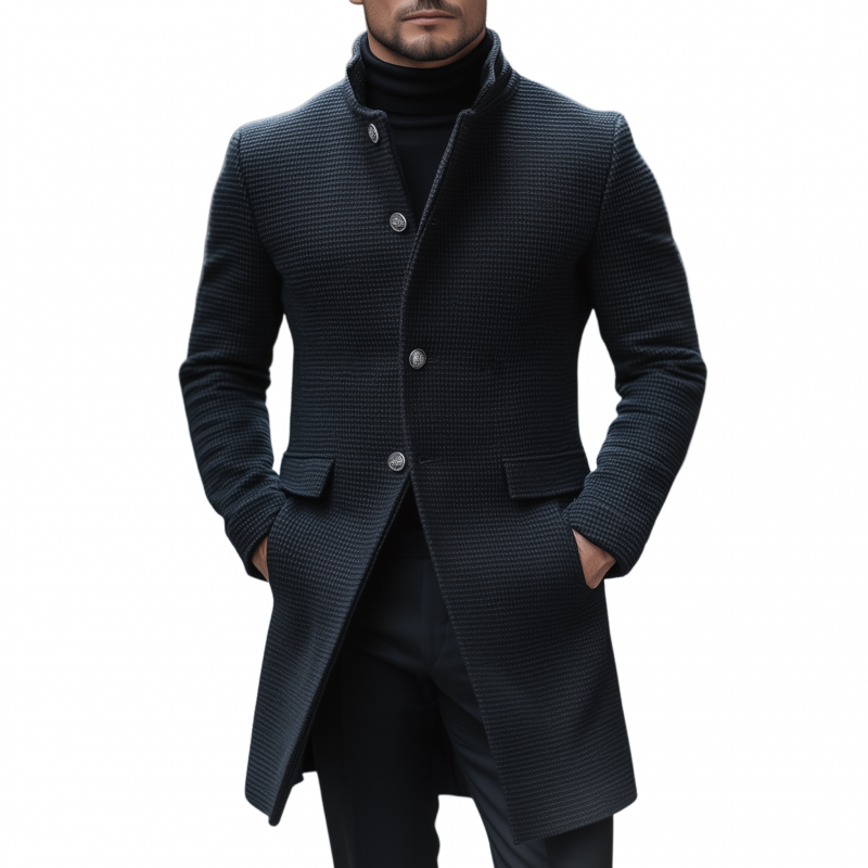 Men's Vintage Solid Color Textured Wool Blend Stand Collar Single-breasted Slim Fit Warm Mid-length Coat MTA1472H8M