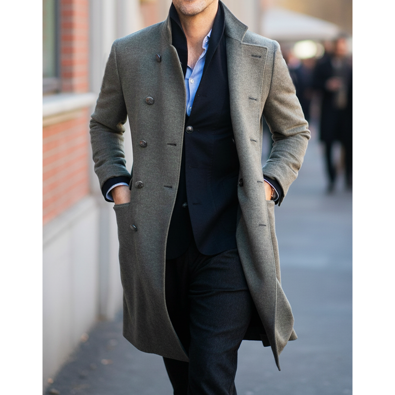 Men's Classic Stand-collar Double-breasted Knee-length Coat MTA2271I1U