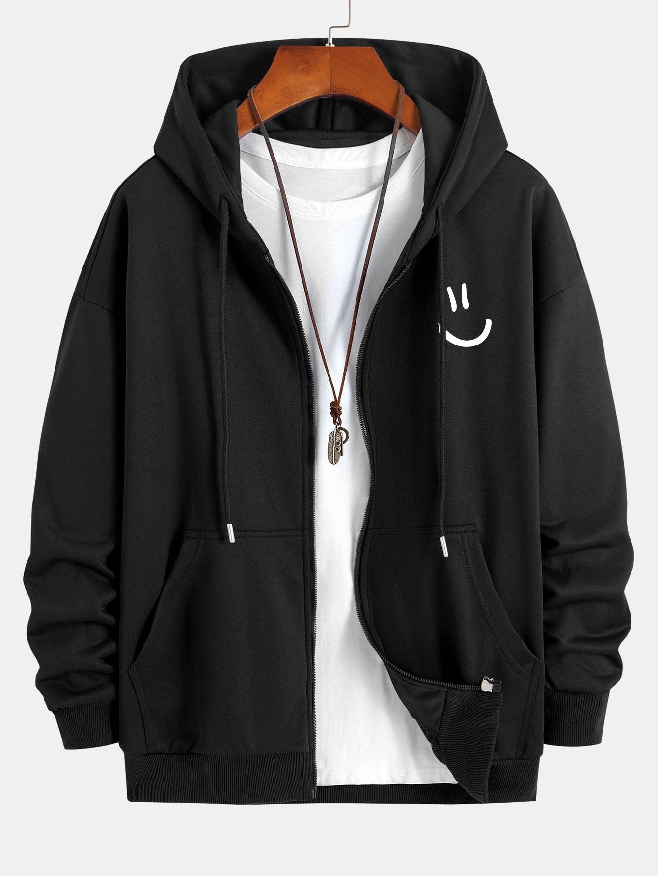 Smiley Face Print Relax Fit Zip Hoodie