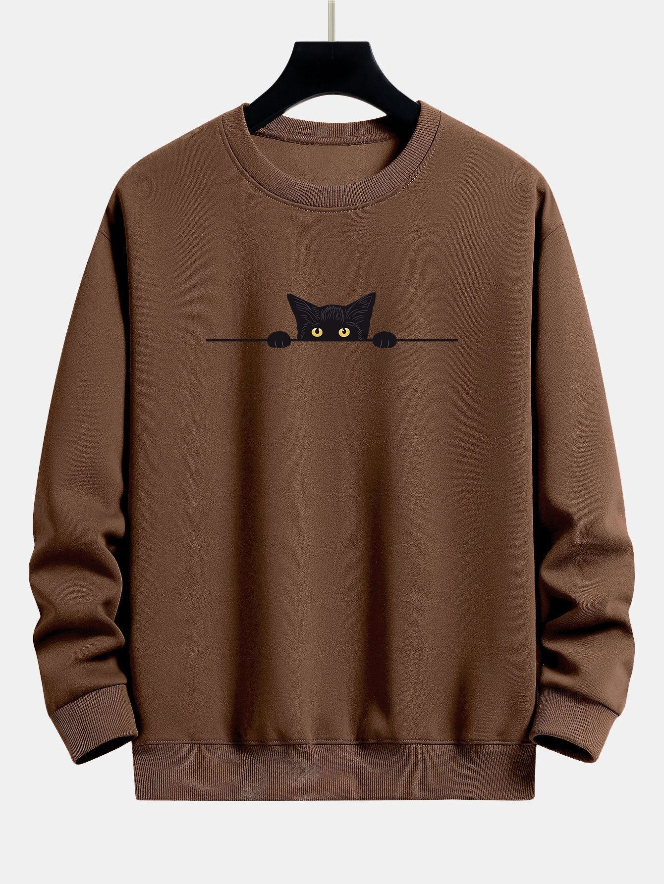 Black Cat Print Relax Fit Coffee Sweatshirt