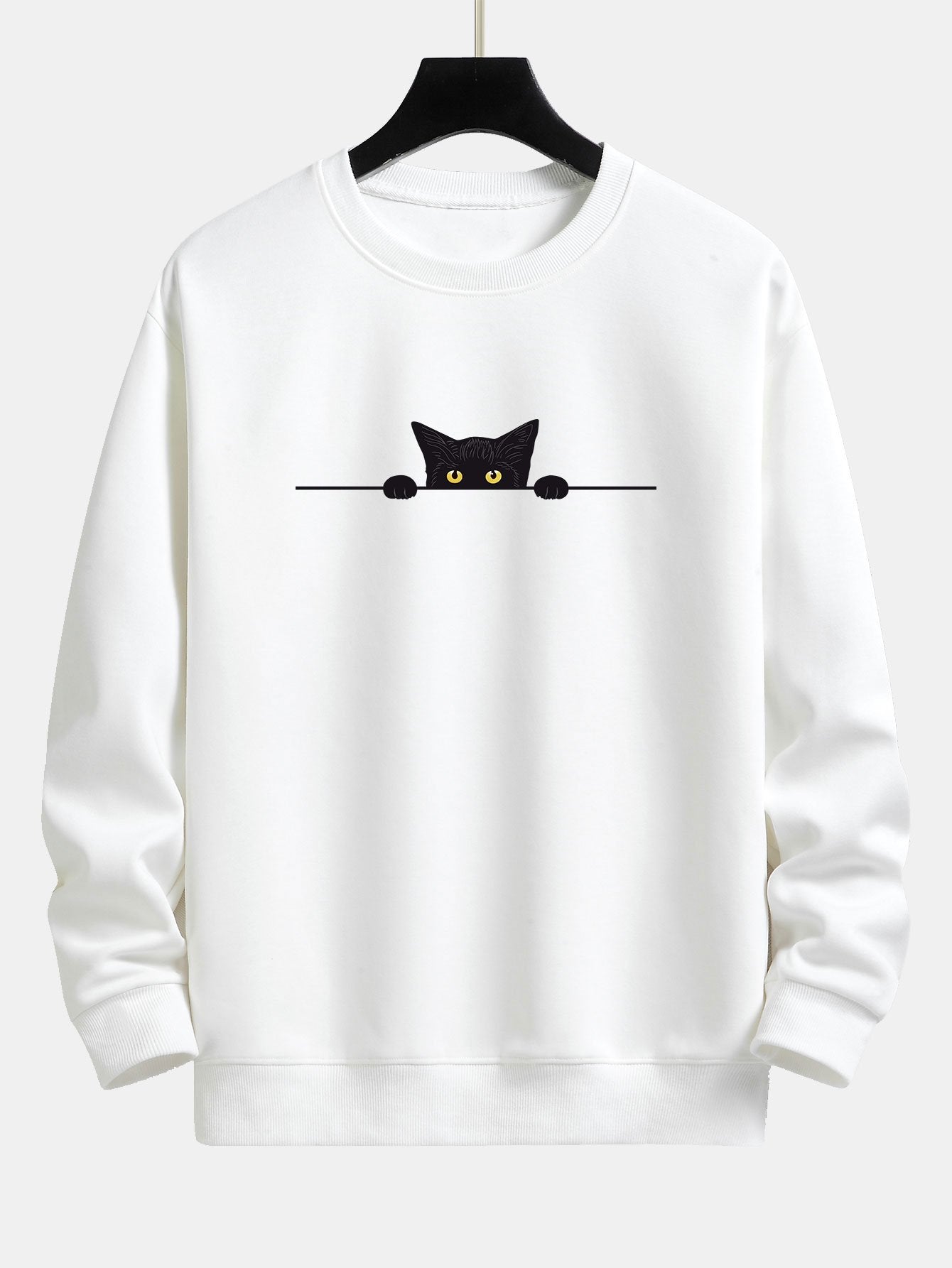 Black Cat Print Relax Fit White Sweatshirt