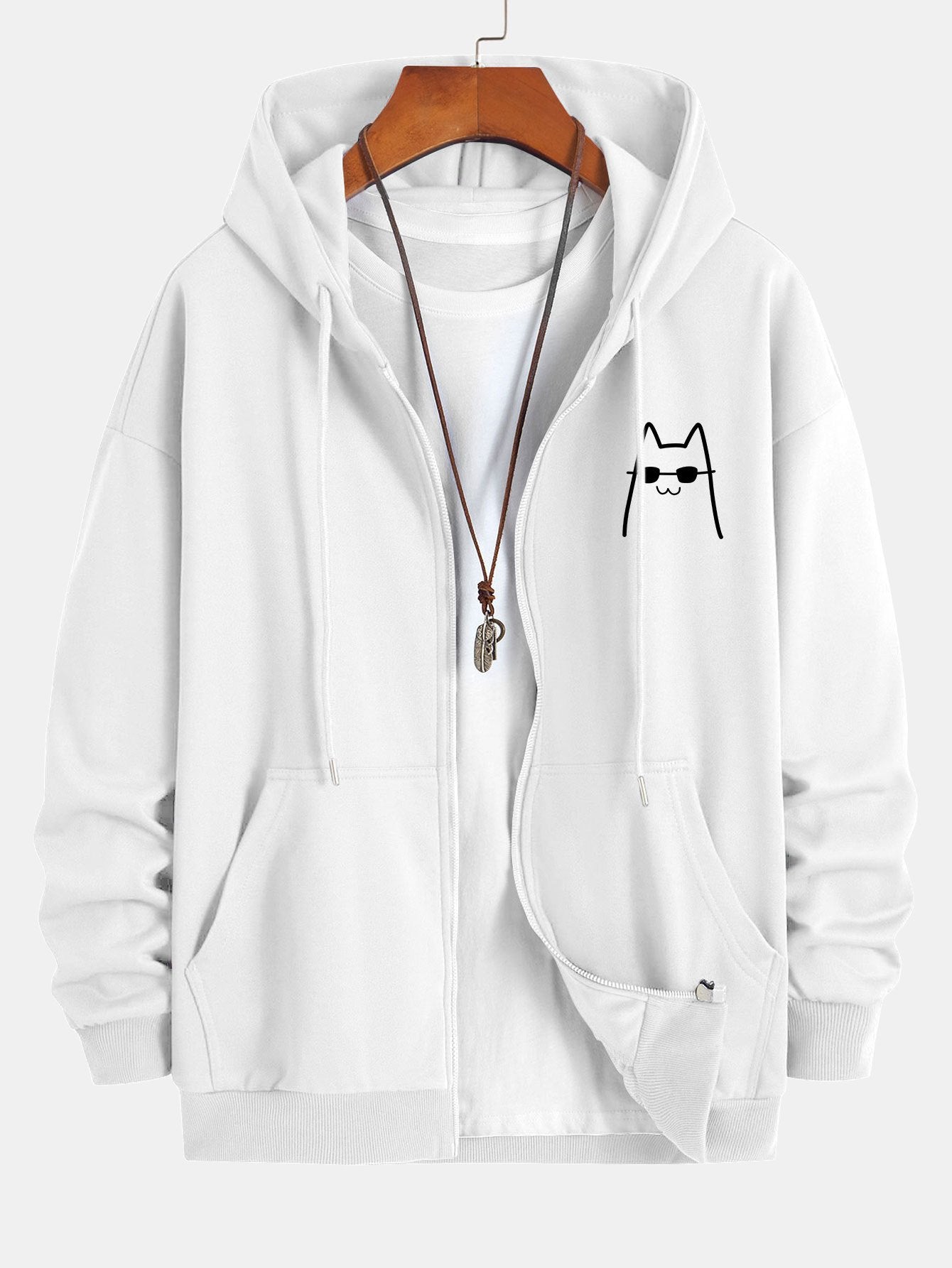 Cat With Sunglasses Print Relax Fit Zip Hoodie