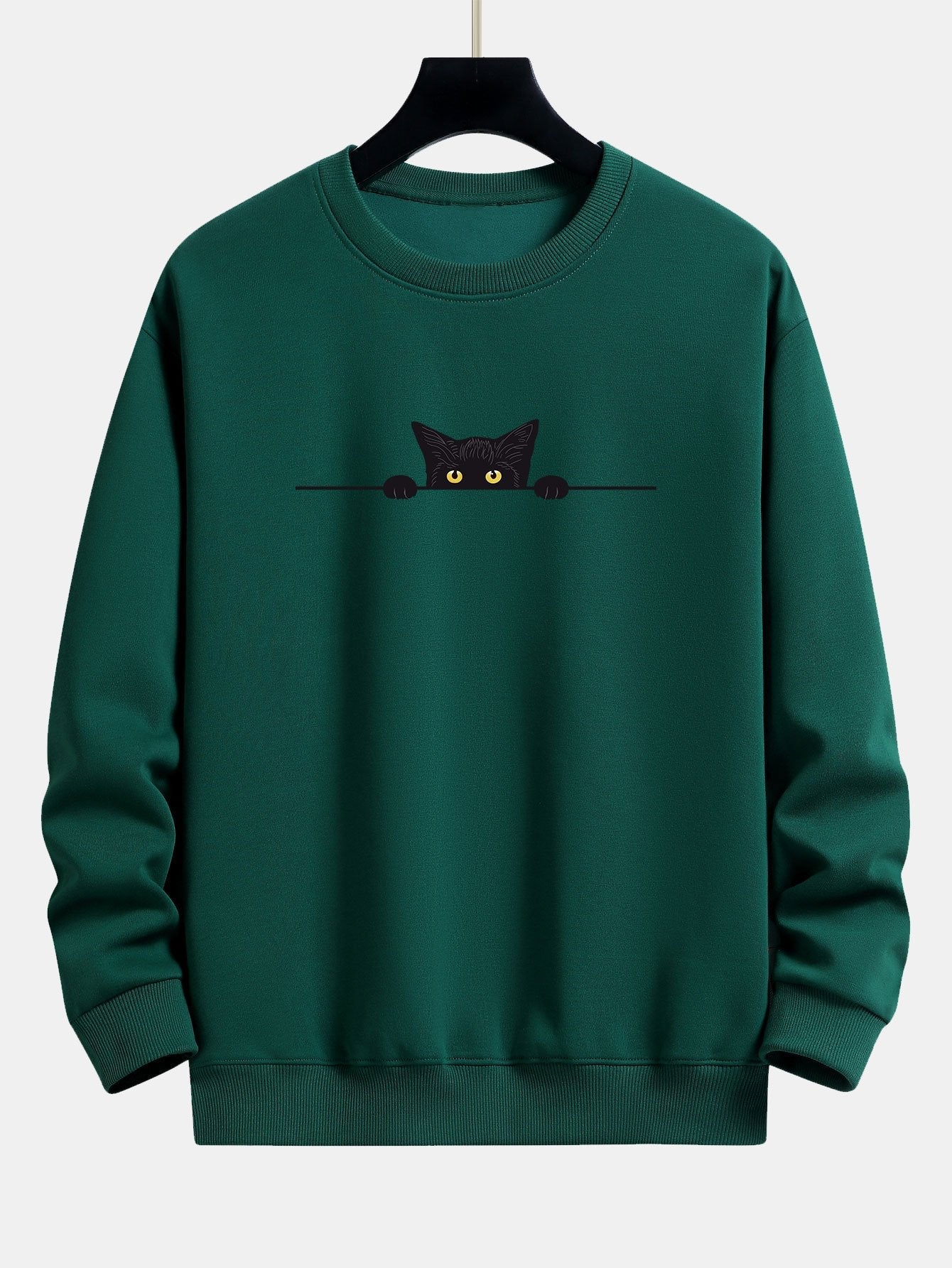 Black Cat Print Relax Fit Dark Green Sweatshirt
