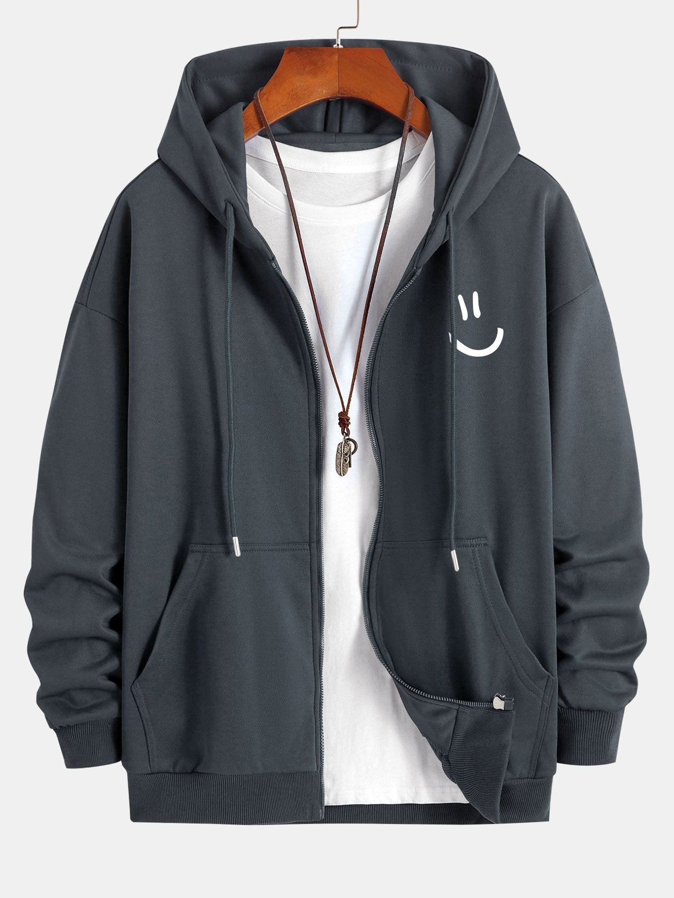 Smiley Face Print Relax Fit Zip Hoodie