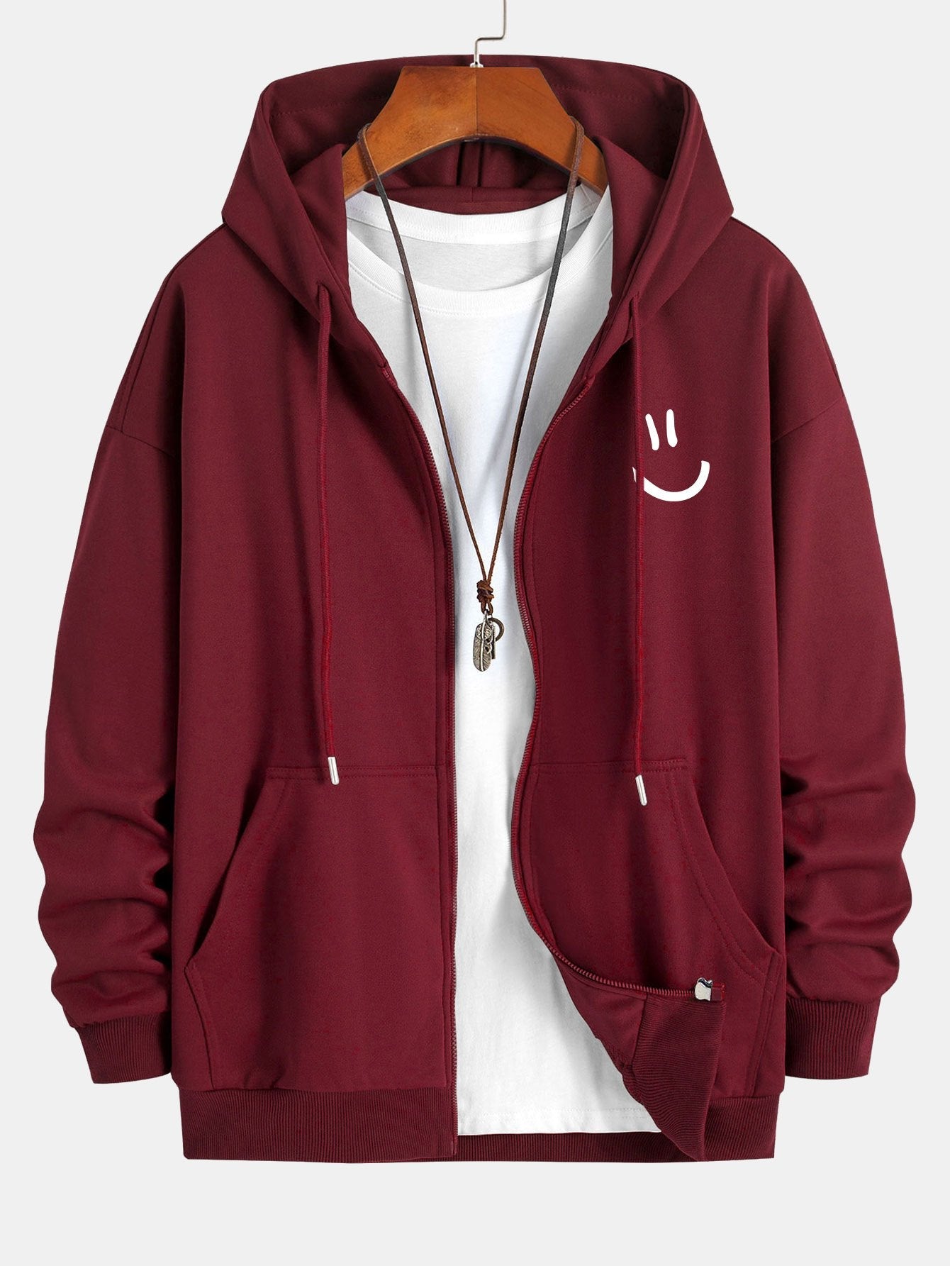 Smiley Face Print Relax Fit Zip Hoodie