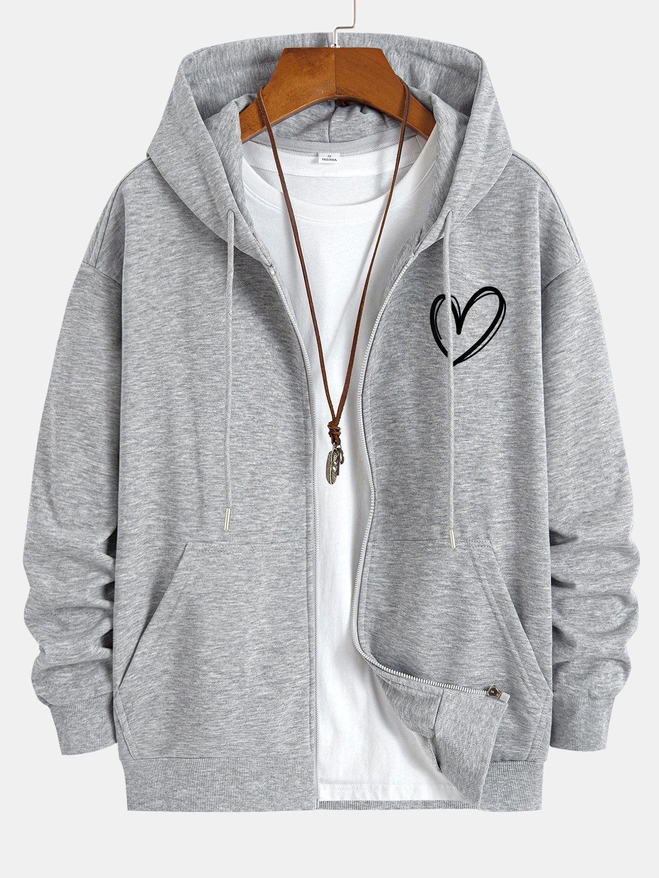 Heart Print Relax Fit Zip Hoodie