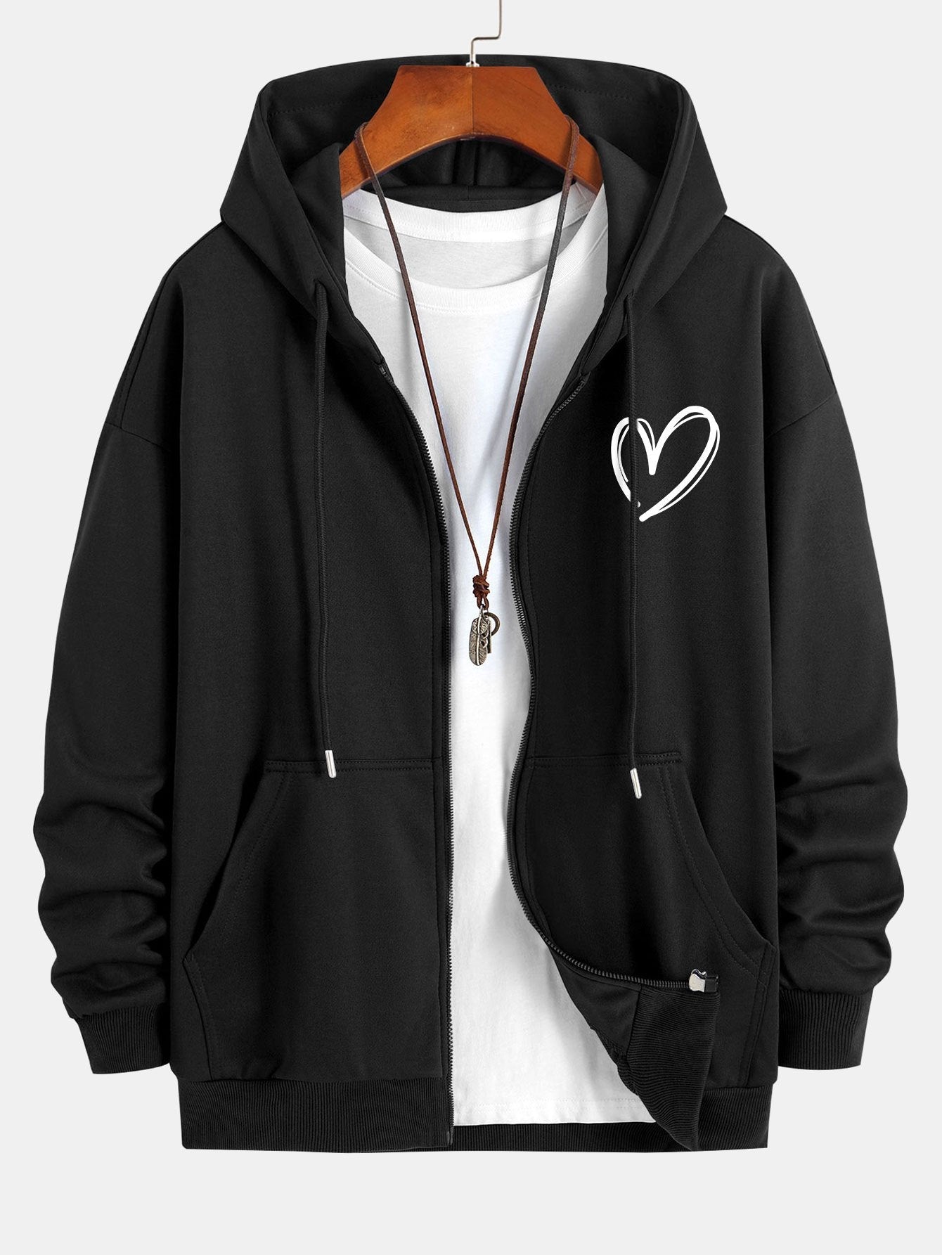 Heart Print Relax Fit Zip Hoodie