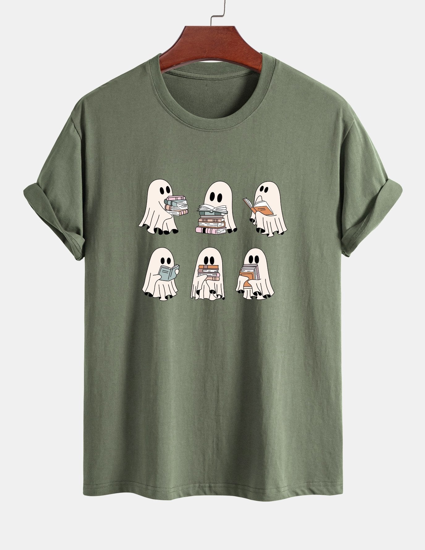 Regular Fit Ghost Reading Book Print Cotton T-Shirt