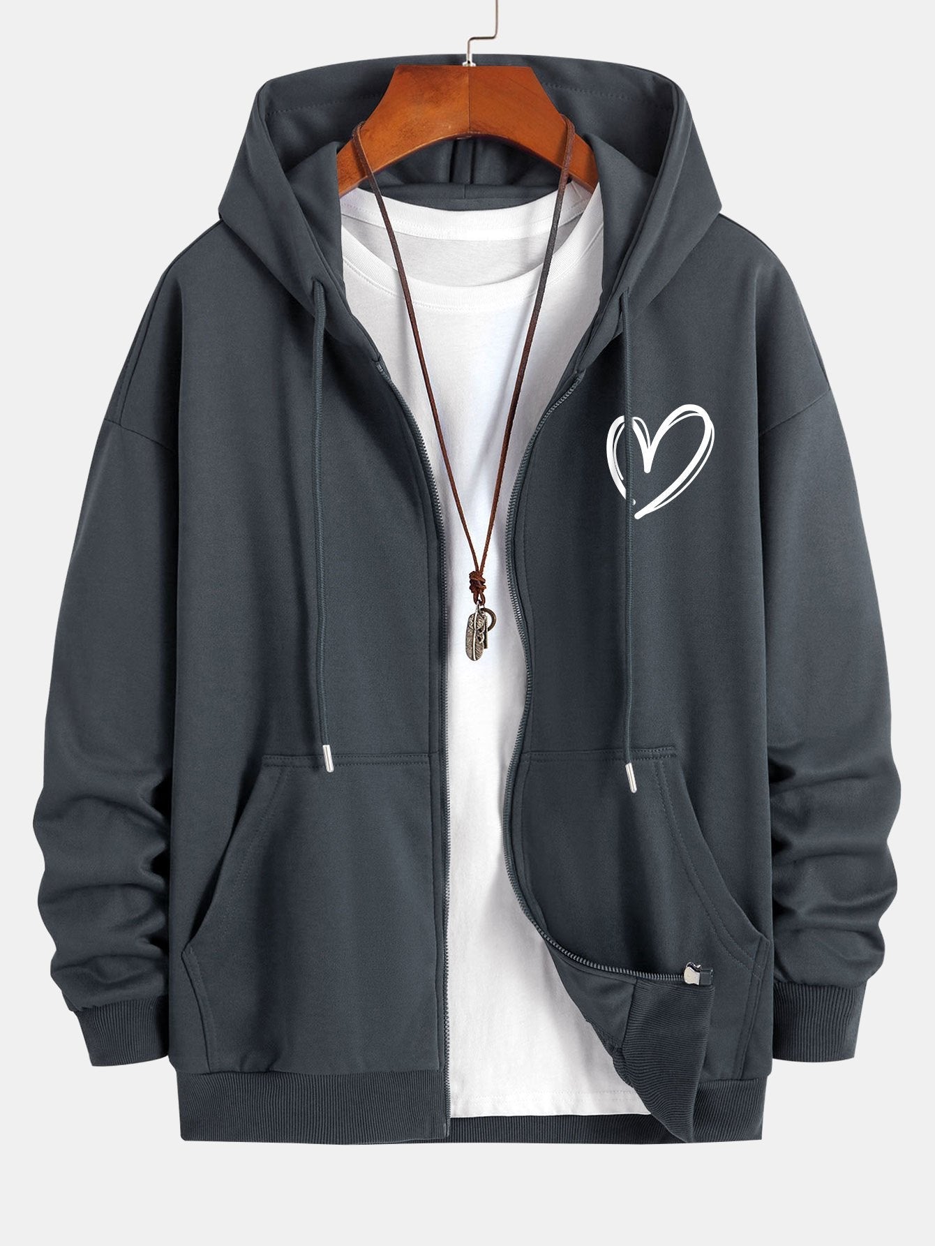 Heart Print Relax Fit Zip Hoodie