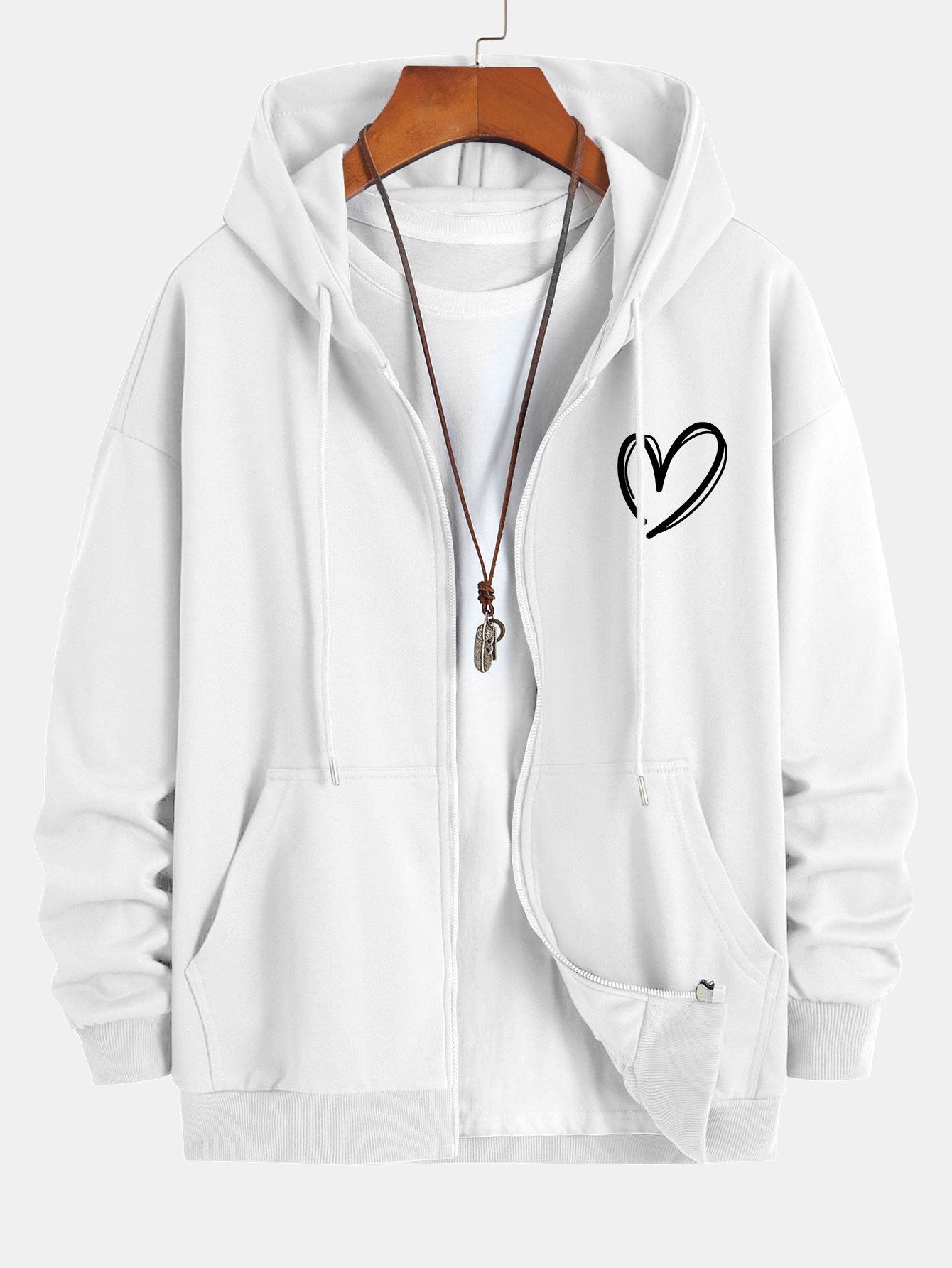 Heart Print Relax Fit Zip Hoodie