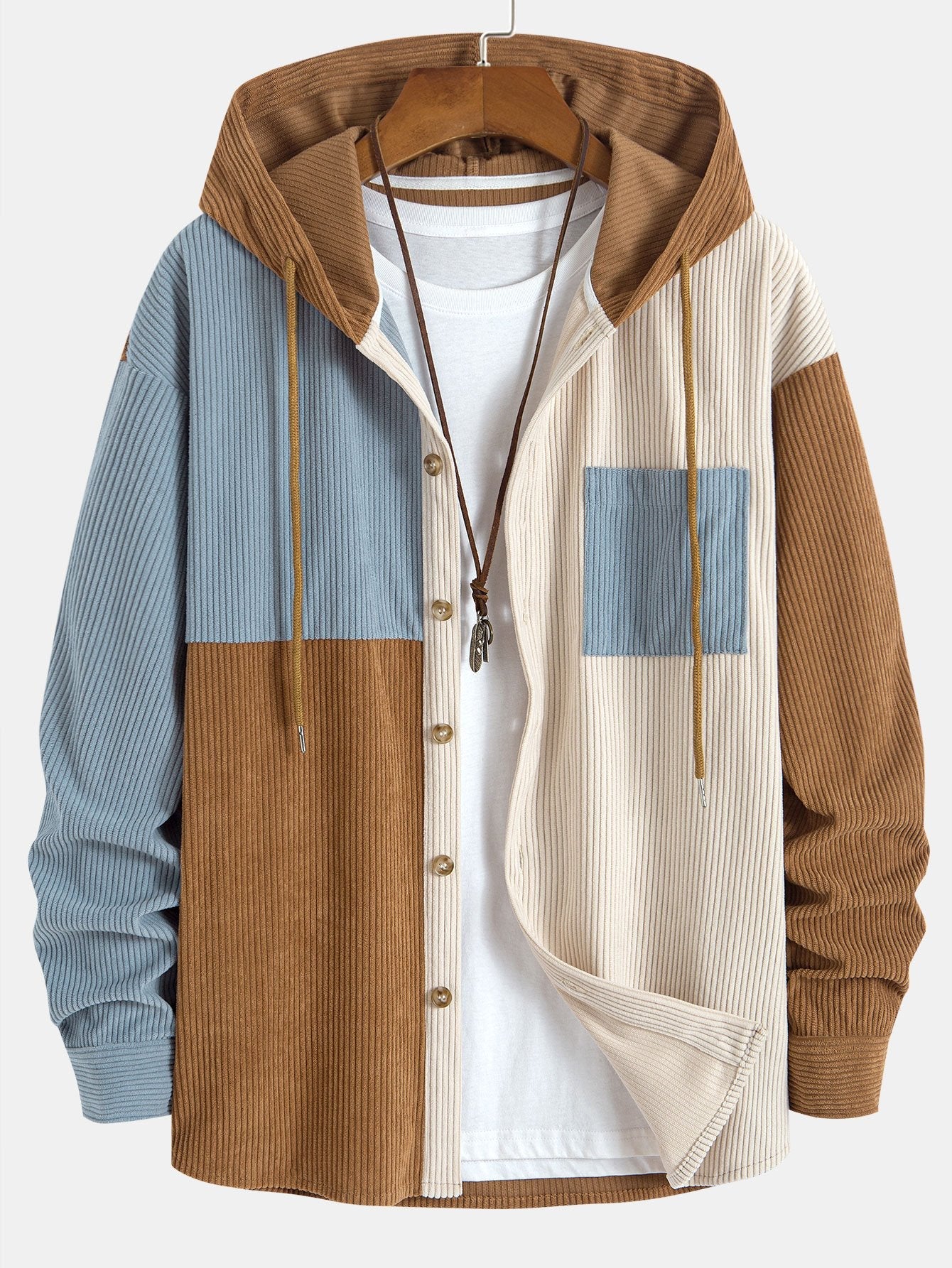 Relax Fit Colorblock Corduroy Hooded Shirt