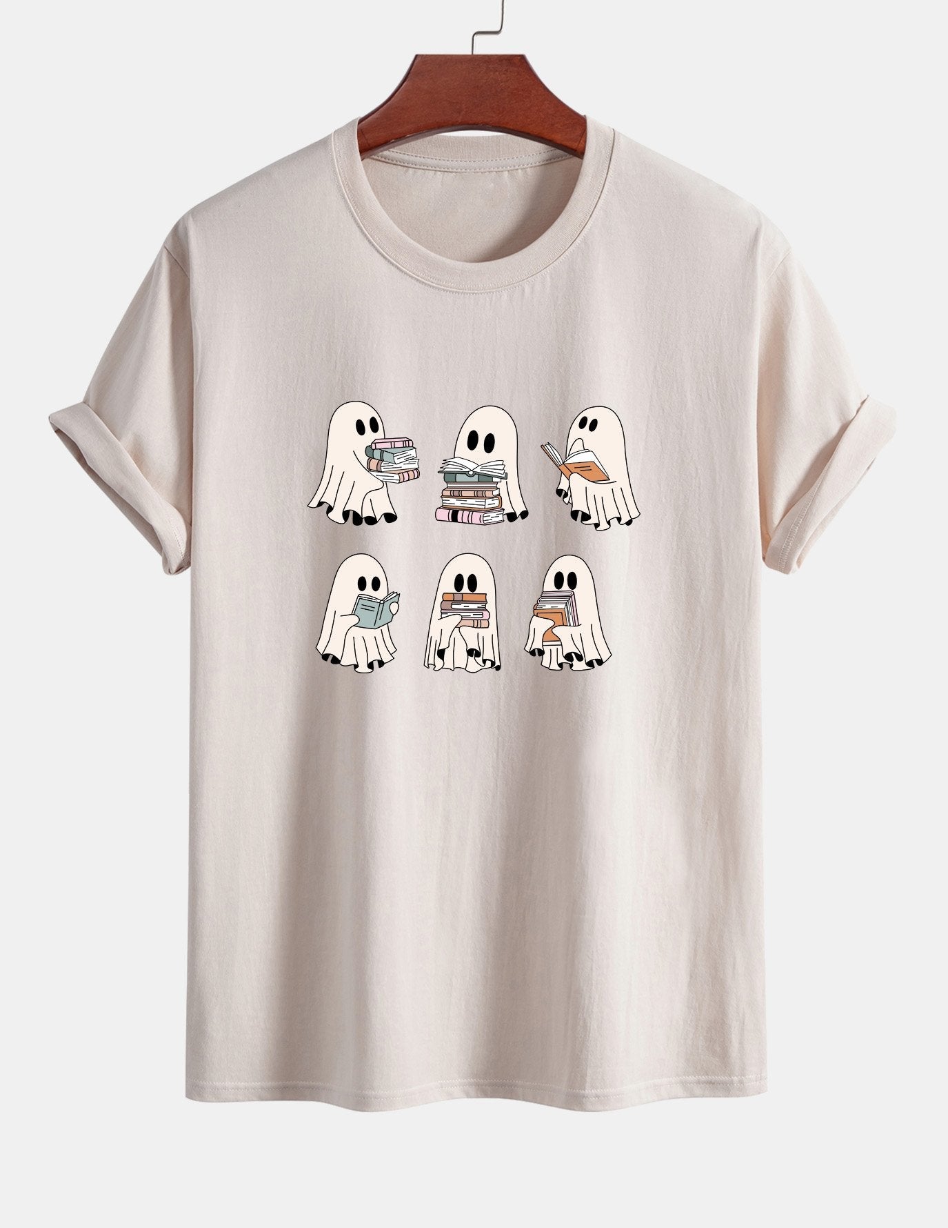 Regular Fit Ghost Reading Book Print Cotton T-Shirt